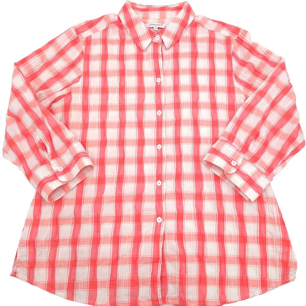 Foxcroft NYC Red White Plaid Crinkle Button Down Shirt Women Size 14